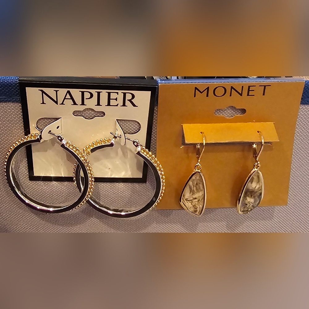 NAPIER/MONET FASHION JEWELRY GOLDTONE DANGLE & SILVERTONE HOOPS EARRINGS BUNDLE